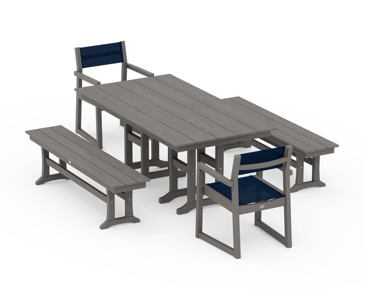 POLYWOOD® EDGE Sling Arm Chair 5-Piece Farmhouse Dining Set with Benches