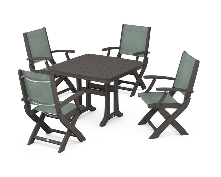 POLYWOOD® Coastal Folding Chair 5-Piece Dining Set with Trestle Legs