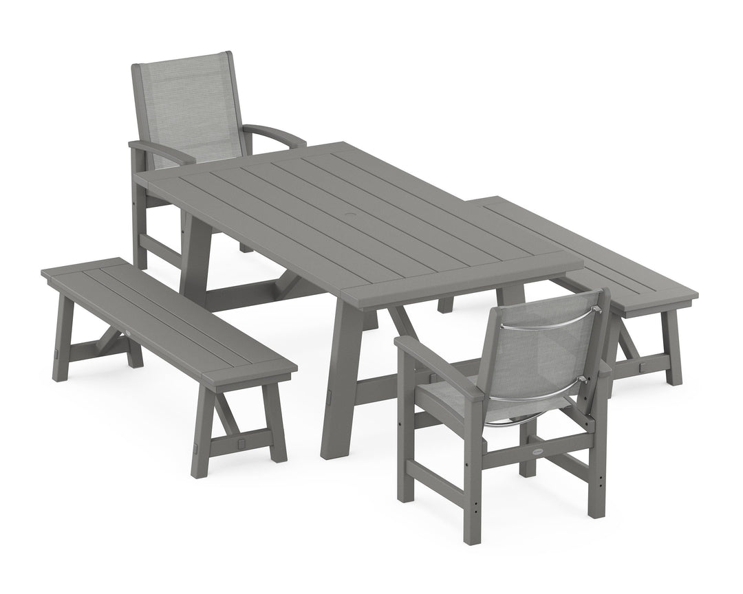 POLYWOOD® Coastal 5-Piece Rustic Farmhouse Dining Set With Benches