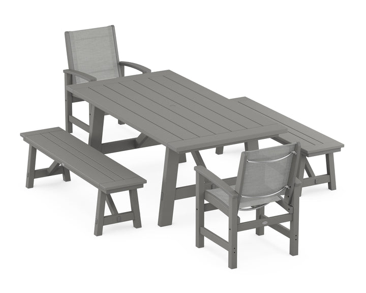 POLYWOOD® Coastal 5-Piece Rustic Farmhouse Dining Set With Benches