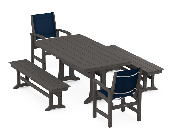 POLYWOOD® Coastal 5-Piece Dining Set with Trestle Legs and Benches