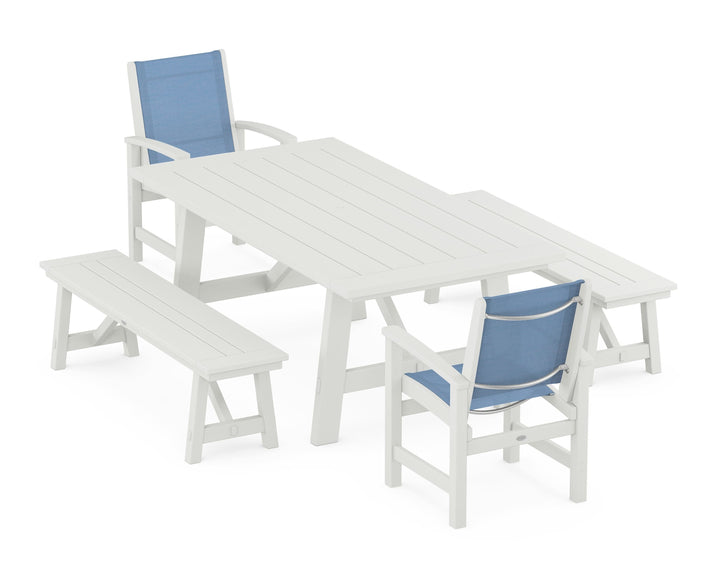 POLYWOOD® Coastal 5-Piece Rustic Farmhouse Dining Set With Benches