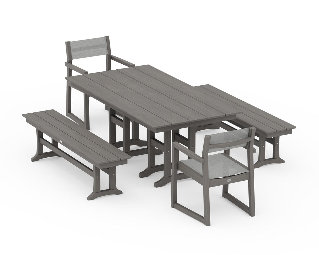 POLYWOOD® EDGE Sling Arm Chair 5-Piece Farmhouse Dining Set with Benches