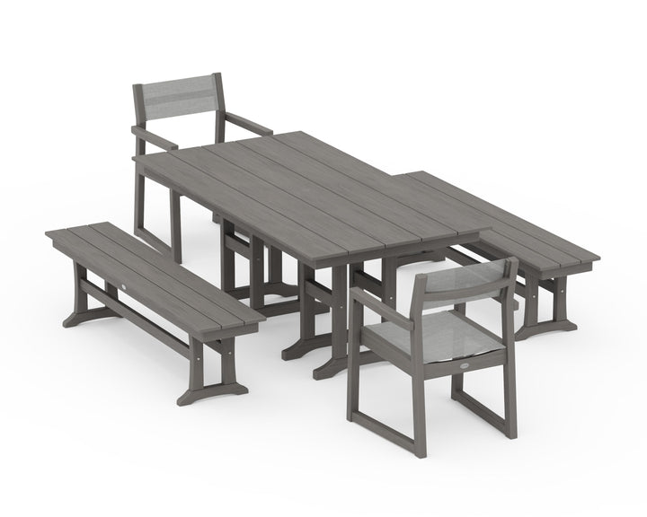 POLYWOOD® EDGE Sling Arm Chair 5-Piece Farmhouse Dining Set with Benches