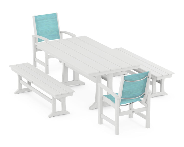POLYWOOD® Coastal 5-Piece Farmhouse Dining Set with Trestle Legs and Benches