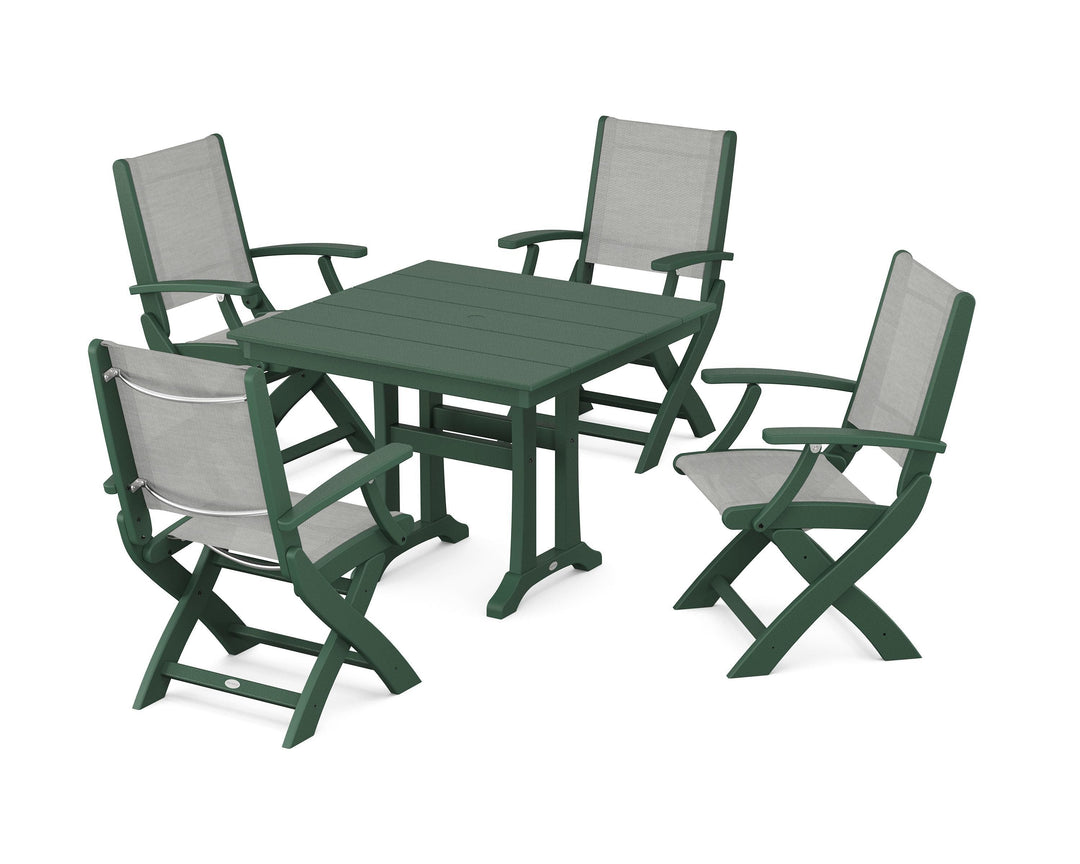 POLYWOOD® Coastal Folding Chair 5-Piece Farmhouse Dining Set With Trestle Legs