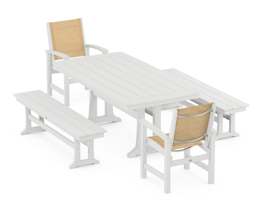 POLYWOOD® Coastal 5-Piece Dining Set with Trestle Legs and Benches