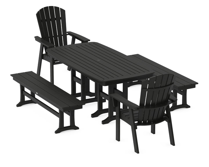 POLYWOOD® Nautical Curveback Adirondack 5-Piece Dining Set with Benches