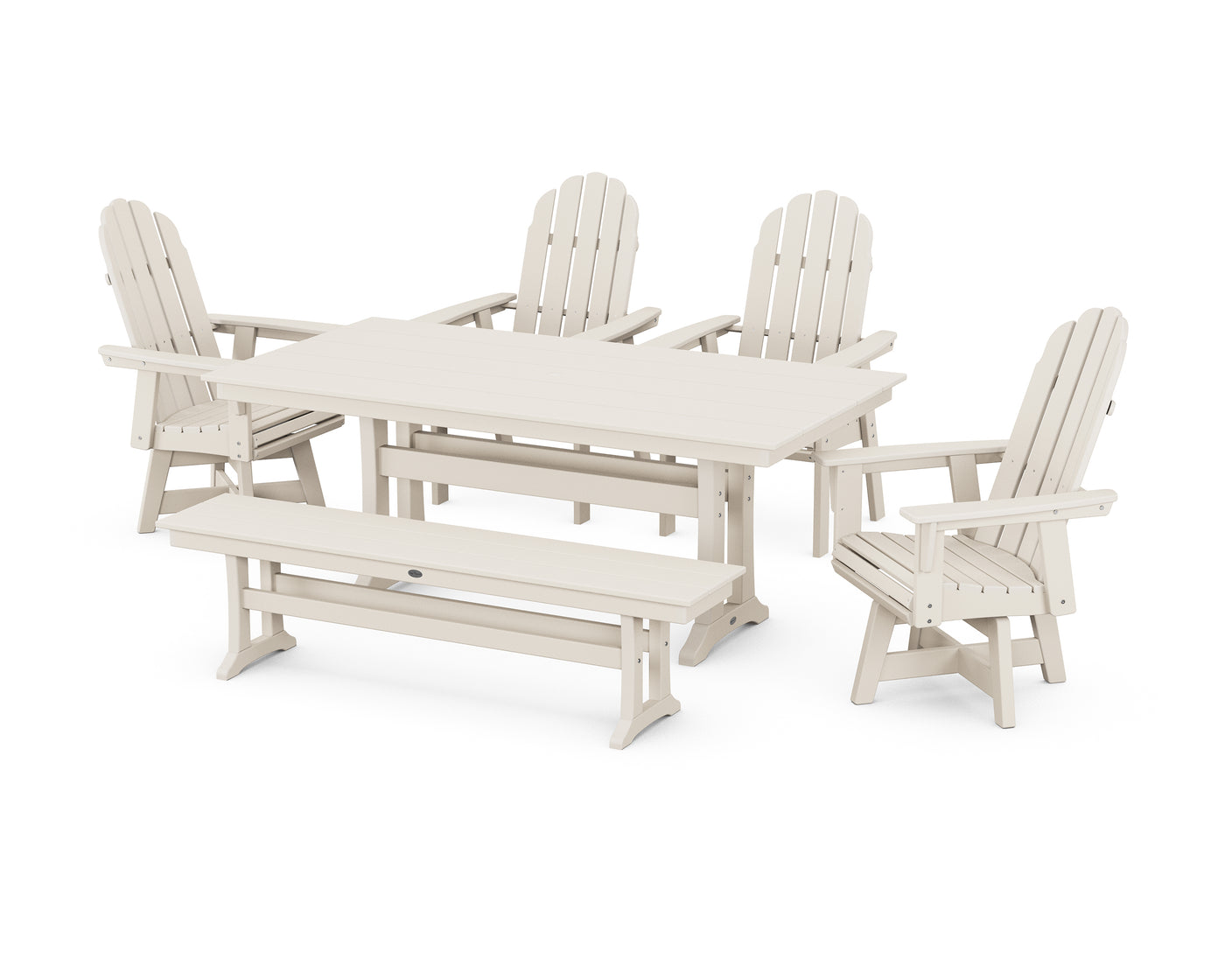 Vineyard Curveback Adirondack 6-Piece Swivel Chair Farmhouse Dining Set with Trestle Legs and Bench