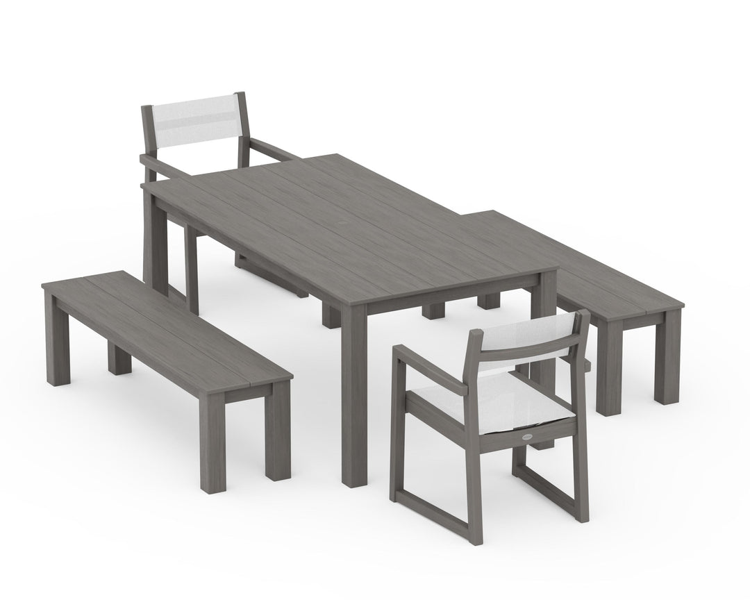 POLYWOOD® EDGE Sling Arm Chair 5-Piece Parsons Dining Set with Benches