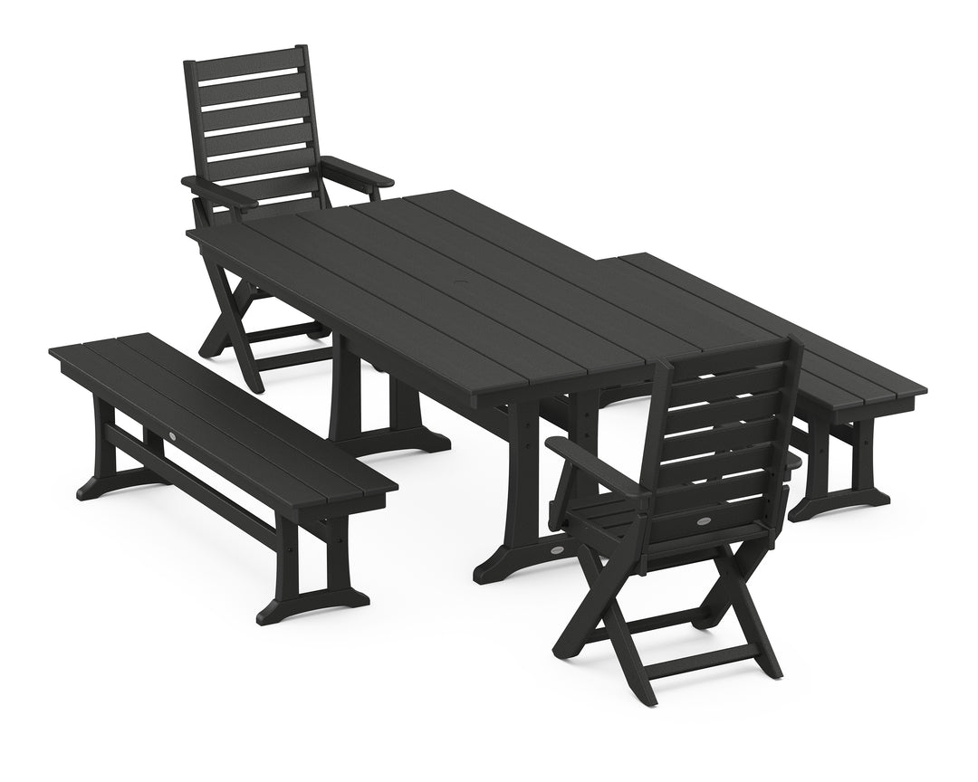 POLYWOOD® Captain Folding Chair 5-Piece Farmhouse Dining Set With Trestle Legs
