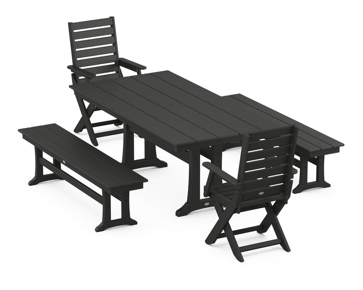 POLYWOOD® Captain Folding Chair 5-Piece Farmhouse Dining Set With Trestle Legs