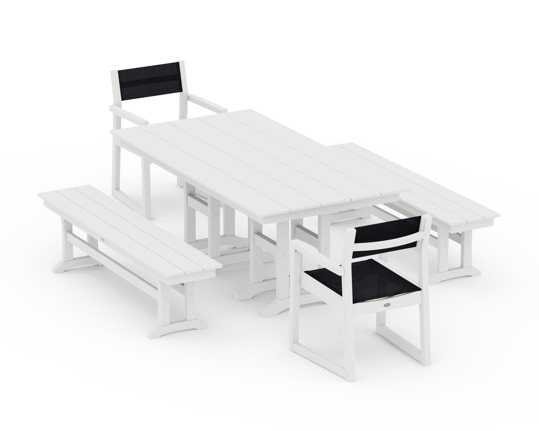 POLYWOOD® EDGE Sling Arm Chair 5-Piece Farmhouse Dining Set with Benches