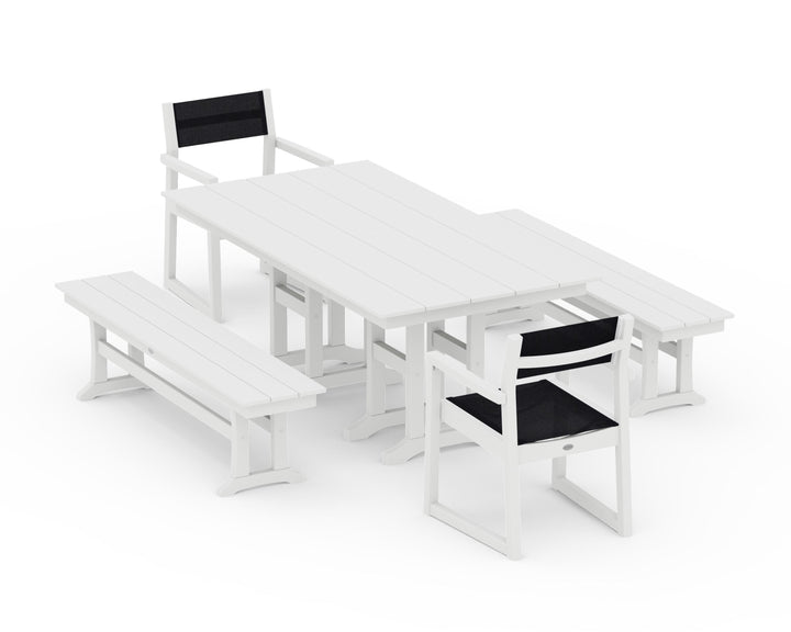 POLYWOOD® EDGE Sling Arm Chair 5-Piece Farmhouse Dining Set with Benches