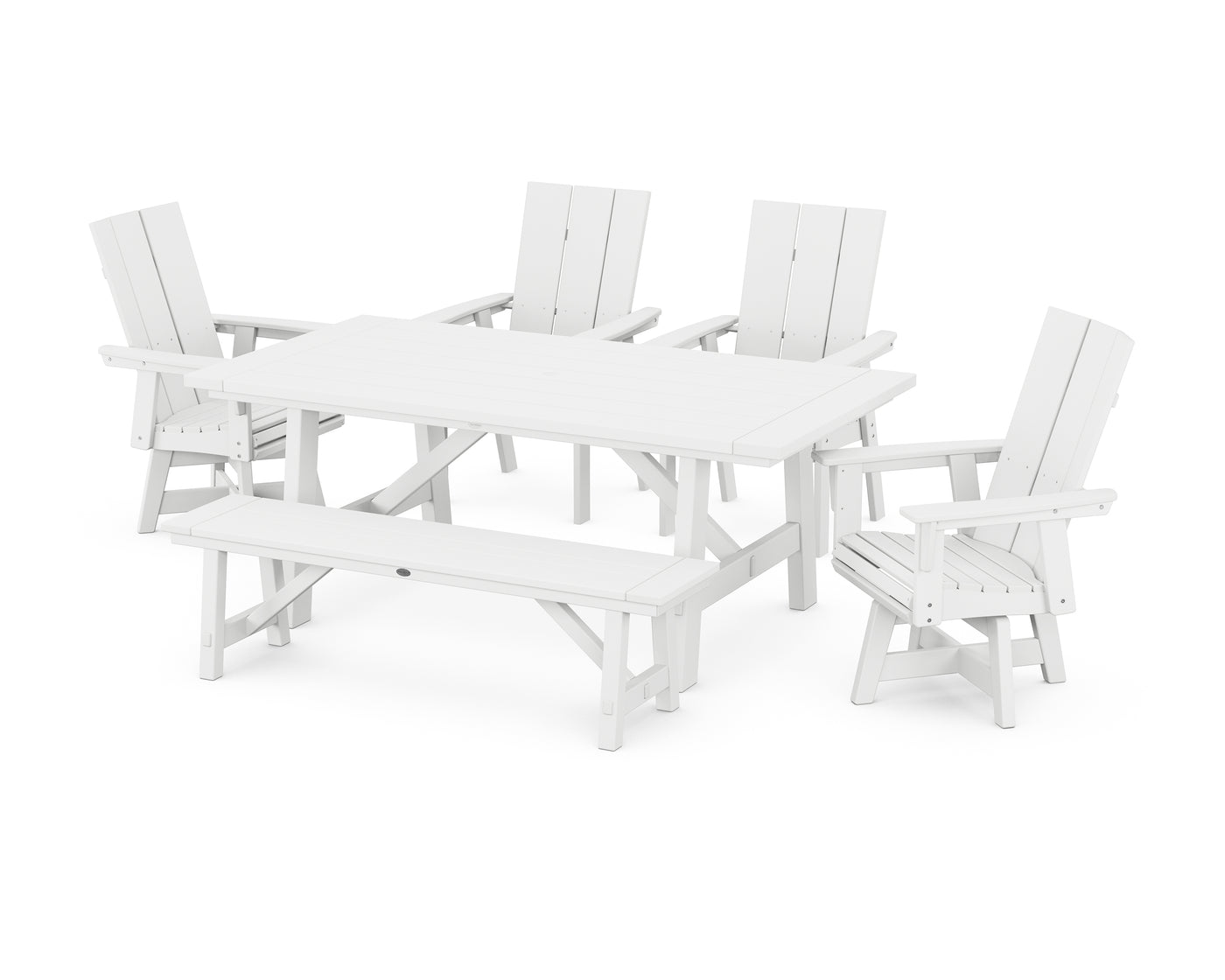 Modern Curveback Adirondack Swivel Chair 6-Piece Rustic Farmhouse Dining Set with Bench