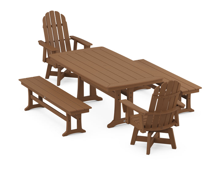 POLYWOOD® Vineyard Adirondack Swivel Chair 5-Piece Dining Set with Trestle Legs and Benches