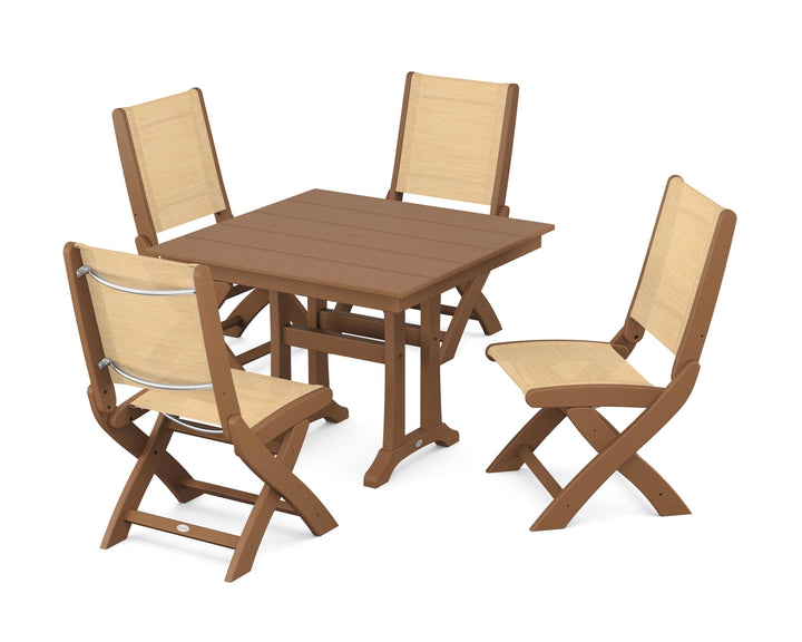 POLYWOOD® Coastal Folding Side Chair 5-Piece Farmhouse Dining Set With Trestle Legs