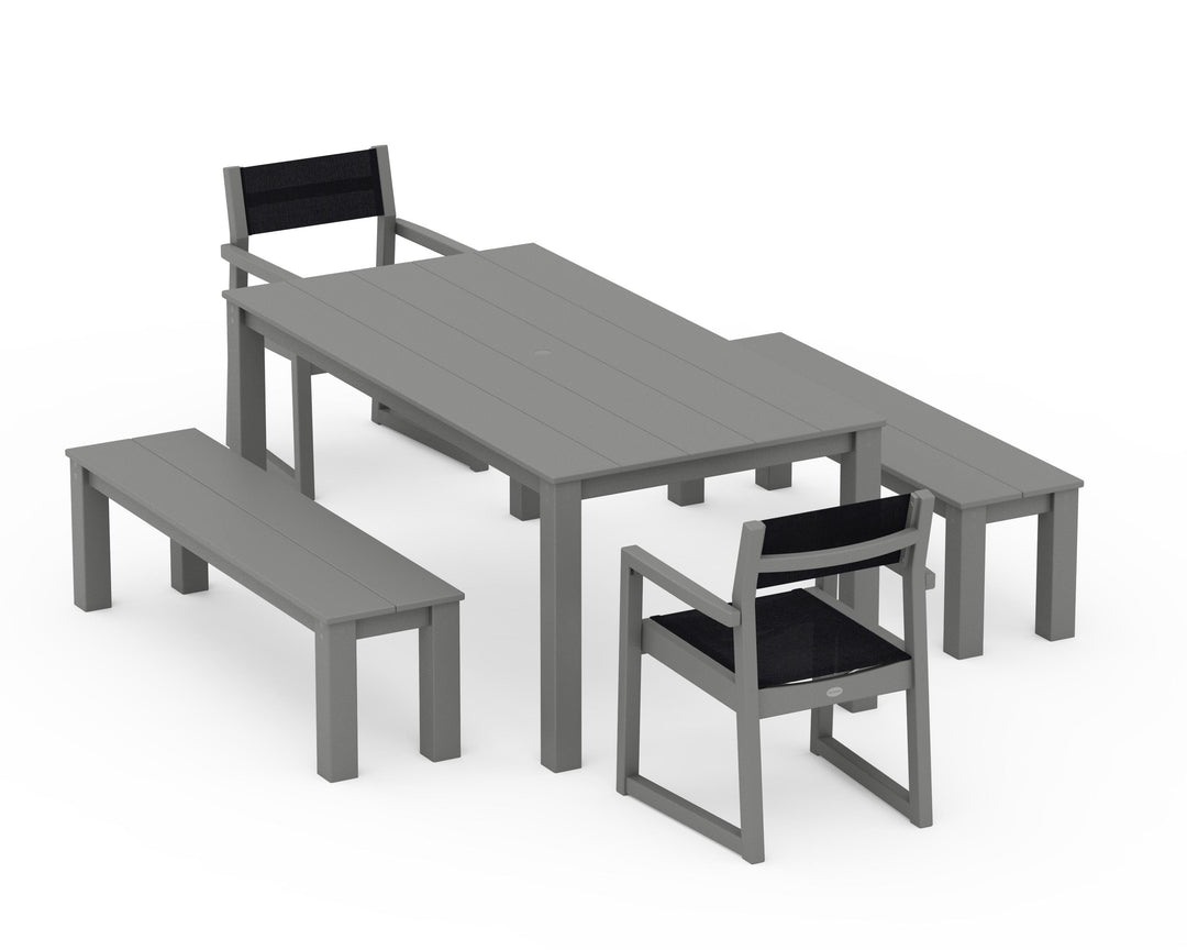 POLYWOOD® EDGE Sling Arm Chair 5-Piece Parsons Dining Set with Benches