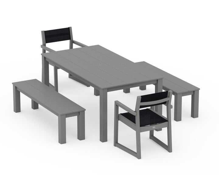 POLYWOOD® EDGE Sling Arm Chair 5-Piece Parsons Dining Set with Benches