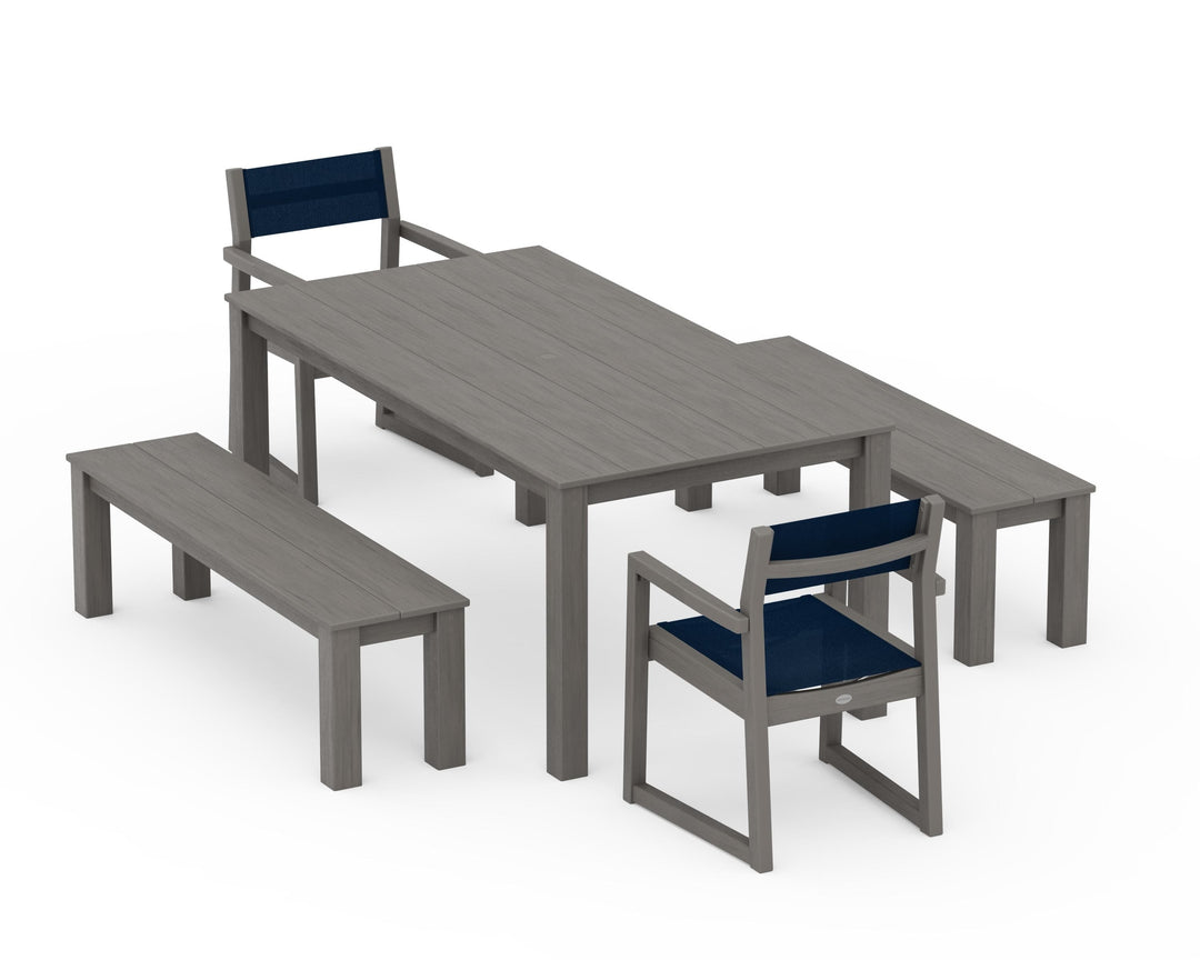 POLYWOOD® EDGE Sling Arm Chair 5-Piece Parsons Dining Set with Benches