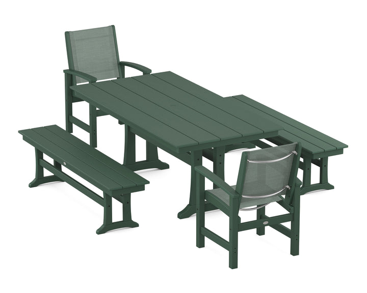 POLYWOOD® Coastal 5-Piece Farmhouse Dining Set with Trestle Legs and Benches
