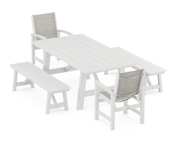 POLYWOOD® Coastal 5-Piece Rustic Farmhouse Dining Set With Benches