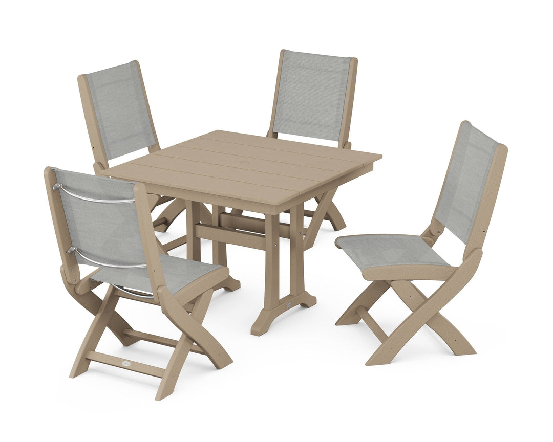 POLYWOOD® Coastal Folding Side Chair 5-Piece Farmhouse Dining Set With Trestle Legs