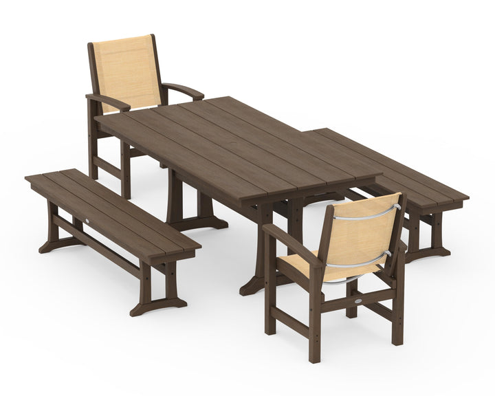 POLYWOOD® Coastal 5-Piece Farmhouse Dining Set with Trestle Legs and Benches