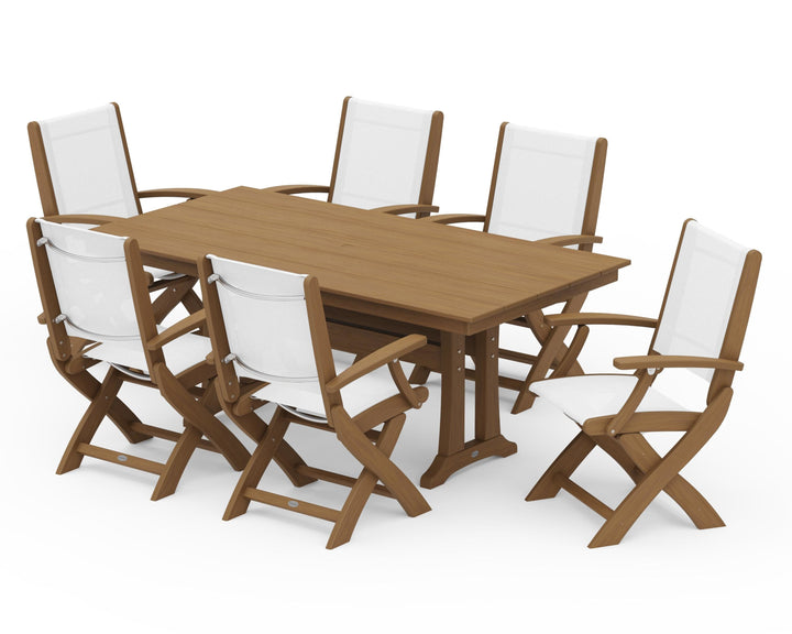 POLYWOOD® Coastal Folding Arm Chair 7-Piece Farmhouse Dining Set with Trestle Legs