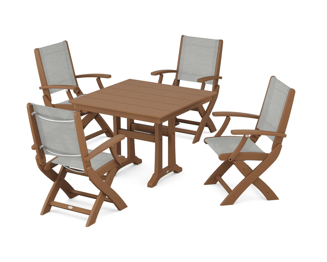 POLYWOOD® Coastal Folding Chair 5-Piece Farmhouse Dining Set With Trestle Legs