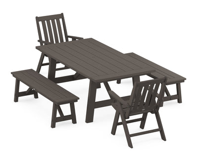 Vineyard Folding Chair 5-Piece Rustic Farmhouse Dining Set With Benches