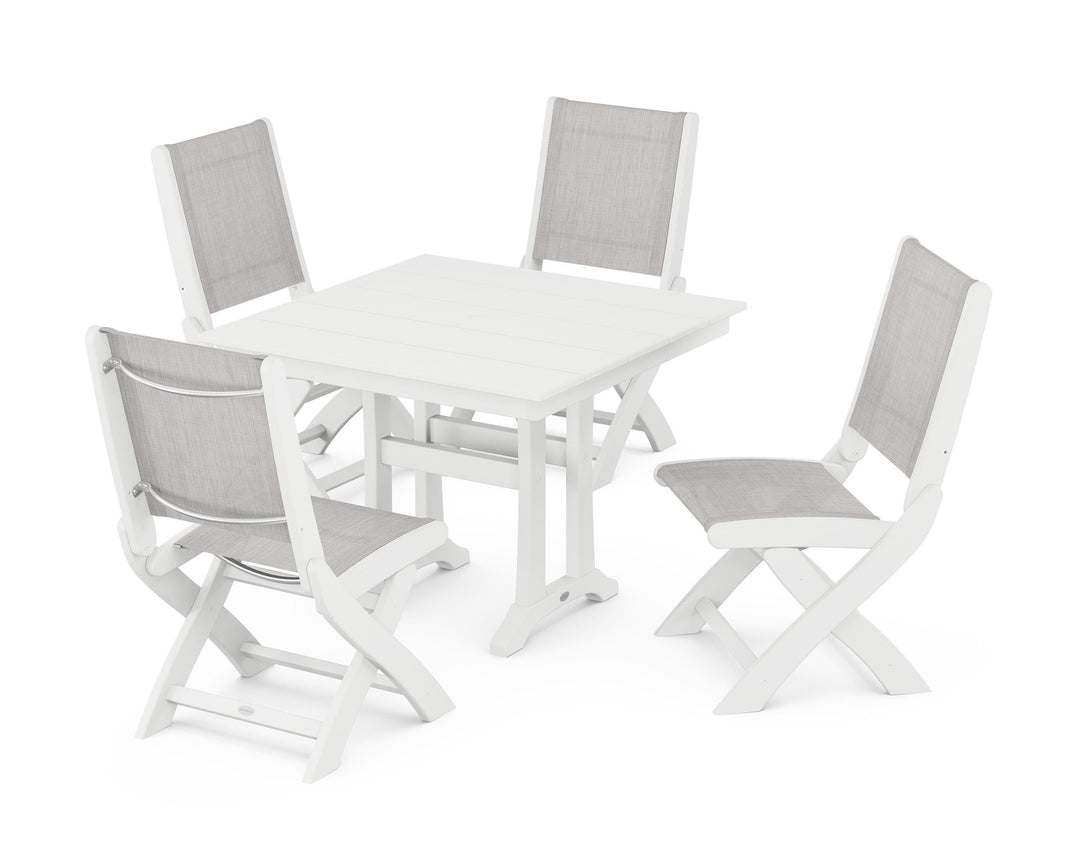 POLYWOOD® Coastal Folding Side Chair 5-Piece Farmhouse Dining Set With Trestle Legs
