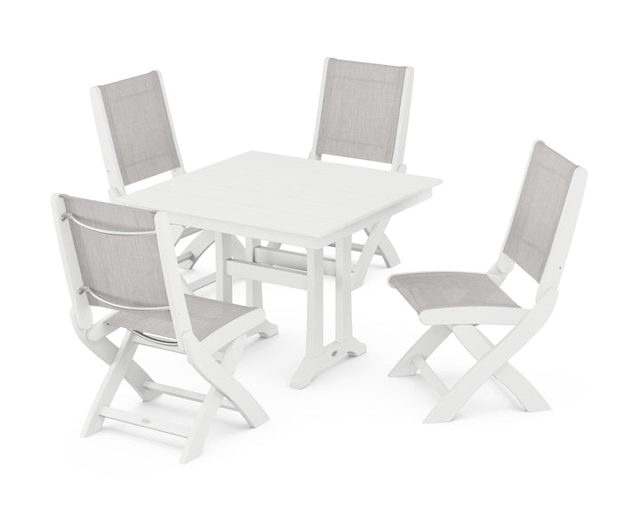 POLYWOOD® Coastal Folding Side Chair 5-Piece Farmhouse Dining Set With Trestle Legs