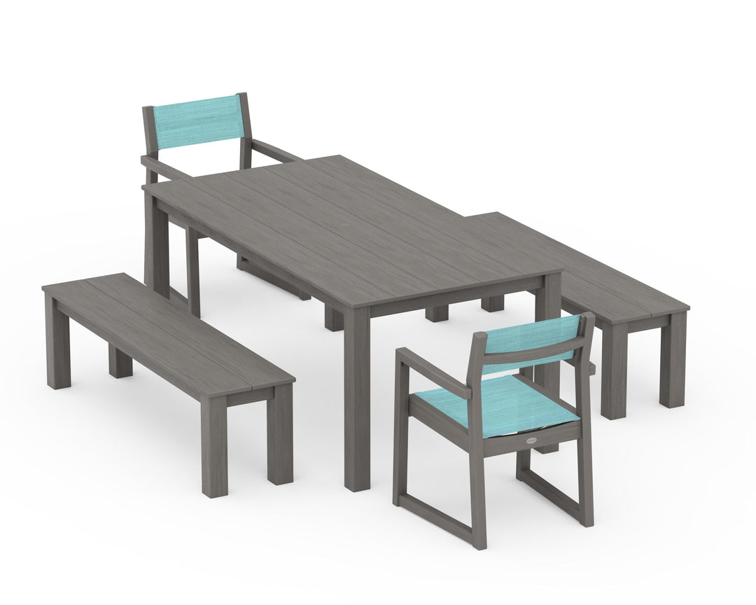 POLYWOOD® EDGE Sling Arm Chair 5-Piece Parsons Dining Set with Benches