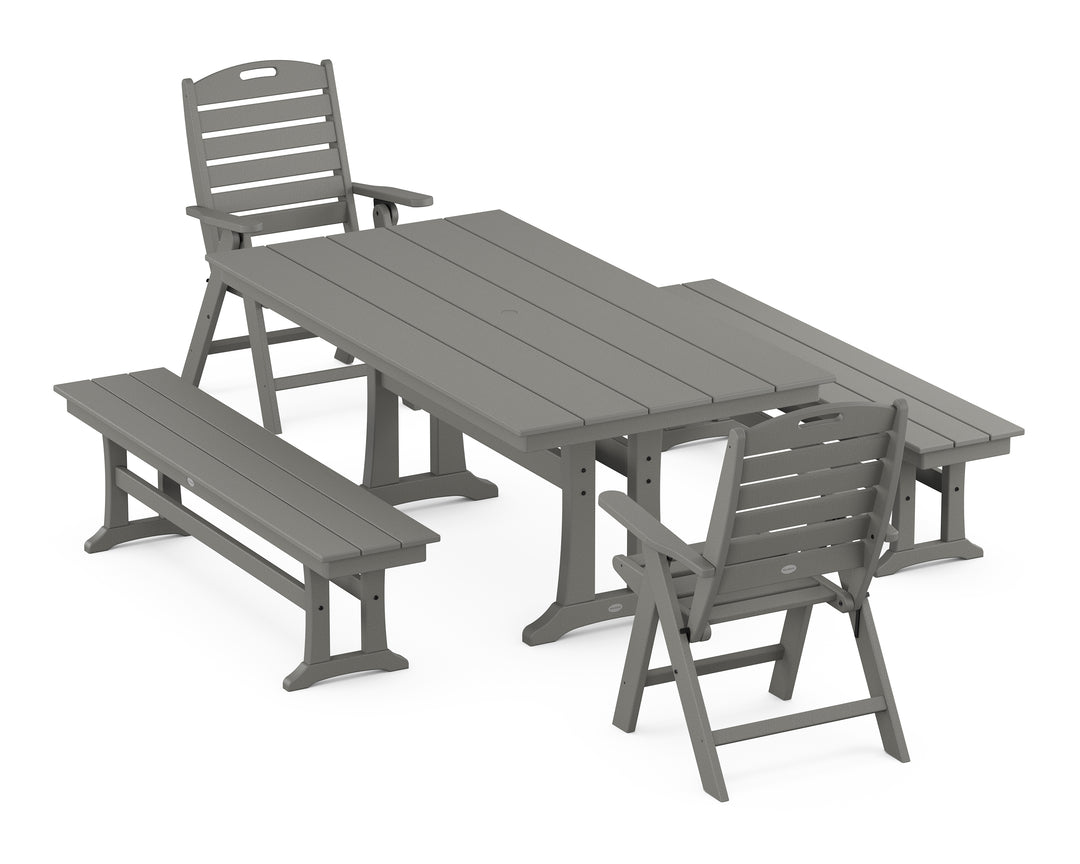 POLYWOOD® Nautical Folding Highback Chair 5-Piece Farmhouse Dining Set With Trestle Legs and Benches