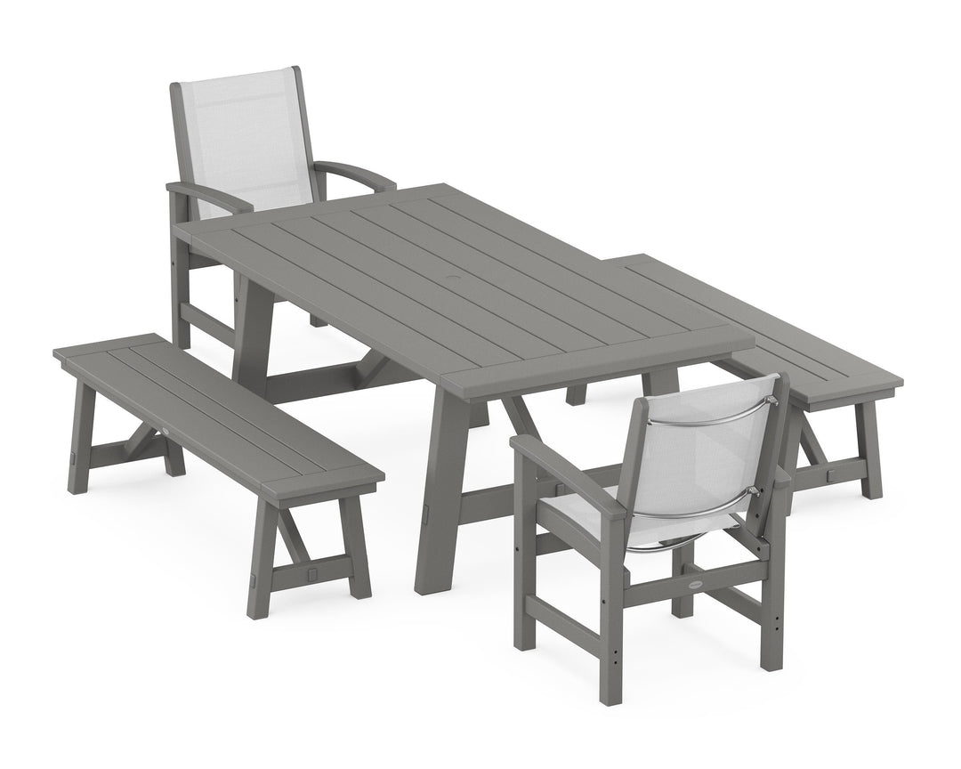 POLYWOOD® Coastal 5-Piece Rustic Farmhouse Dining Set With Benches