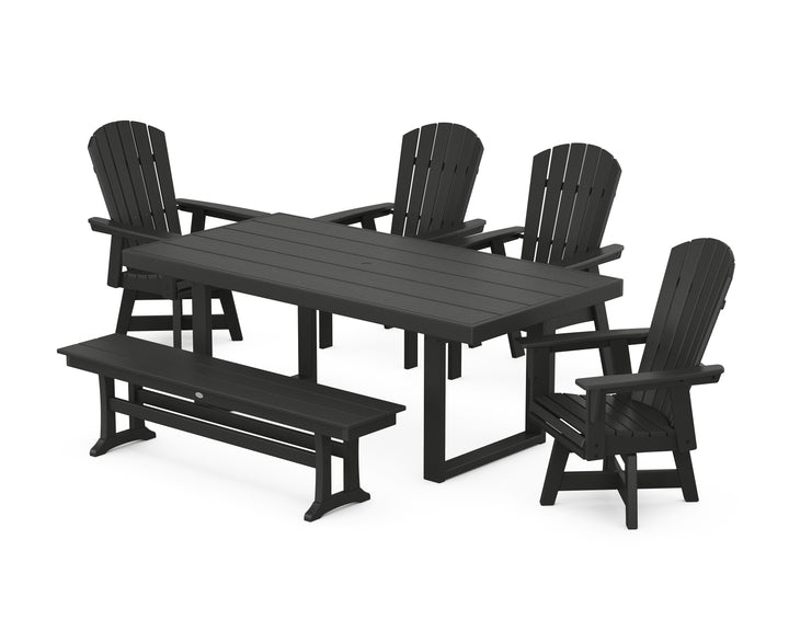 POLYWOOD® Nautical Curveback Adirondack Swivel Chair 6-Piece Dining Set with Bench