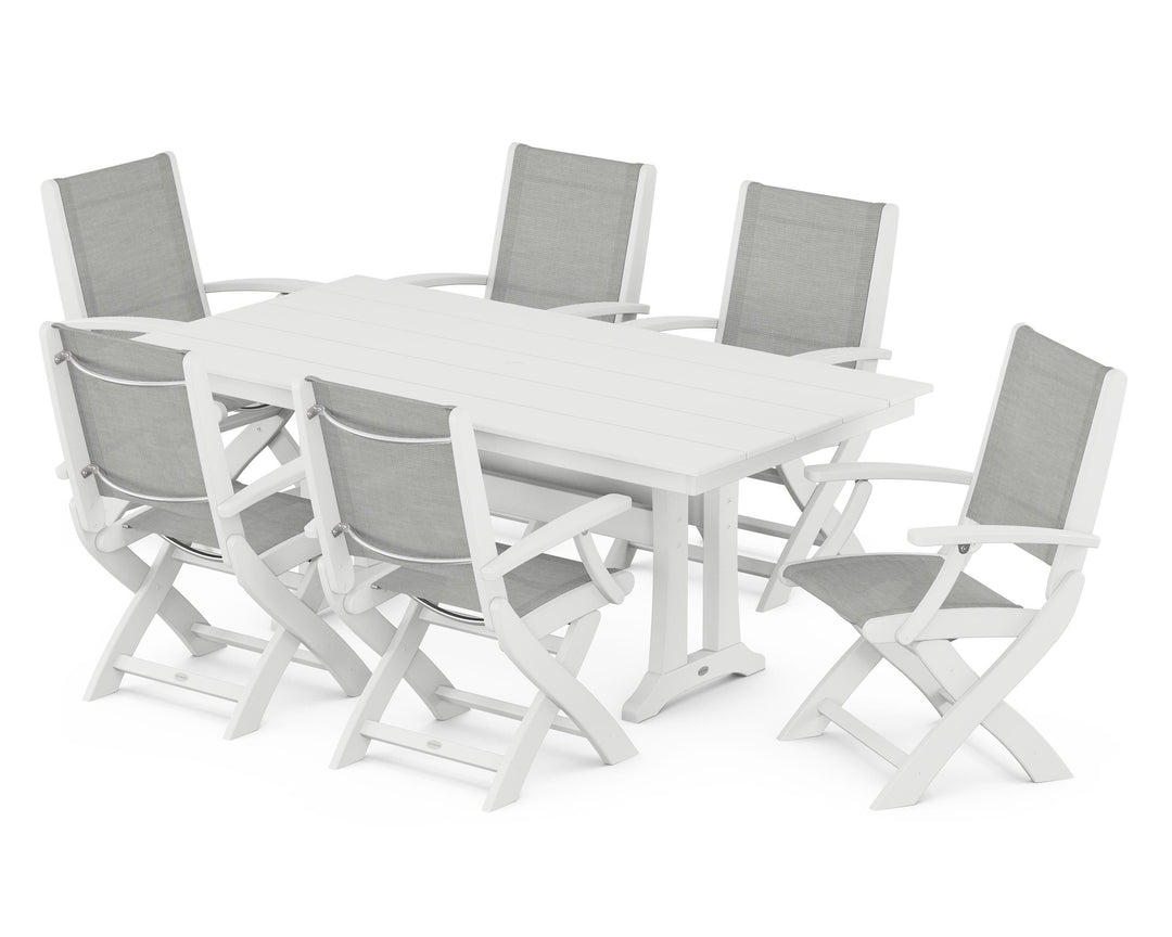 POLYWOOD® Coastal Folding Arm Chair 7-Piece Farmhouse Dining Set with Trestle Legs