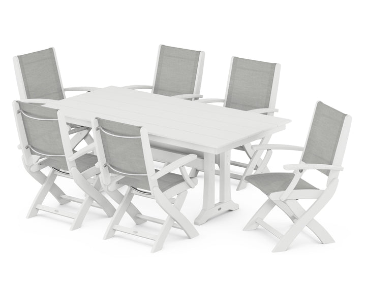 POLYWOOD® Coastal Folding Arm Chair 7-Piece Farmhouse Dining Set with Trestle Legs