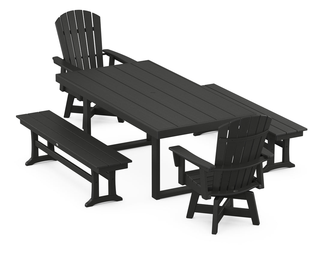 POLYWOOD® Nautical Curveback Adirondack Swivel Chair 5-Piece Dining Set with Benches
