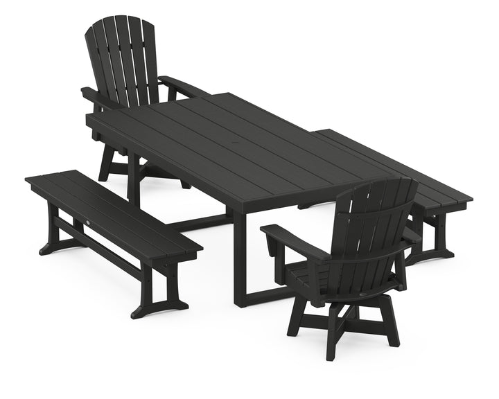 POLYWOOD® Nautical Curveback Adirondack Swivel Chair 5-Piece Dining Set with Benches
