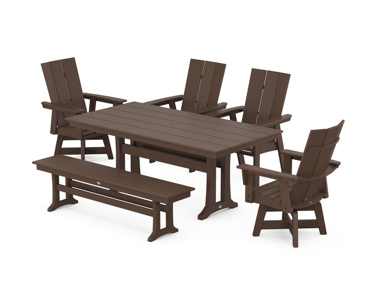 POLYWOOD® Modern Curveback Adirondack Swivel Chair 6-Piece Farmhouse Dining Set With Trestle Legs and Bench