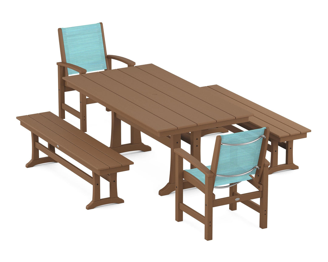 POLYWOOD® Coastal 5-Piece Farmhouse Dining Set with Trestle Legs and Benches
