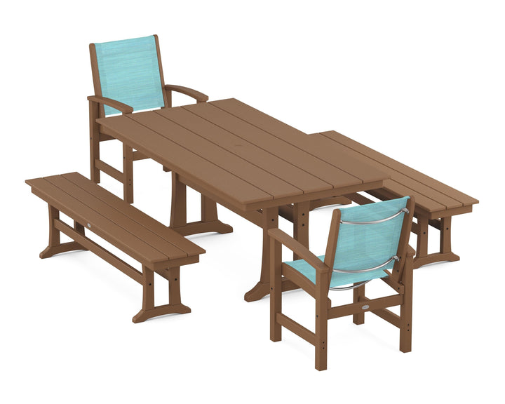POLYWOOD® Coastal 5-Piece Farmhouse Dining Set with Trestle Legs and Benches