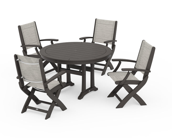 POLYWOOD® Coastal Folding Chair 5-Piece Round Dining Set with Trestle Legs