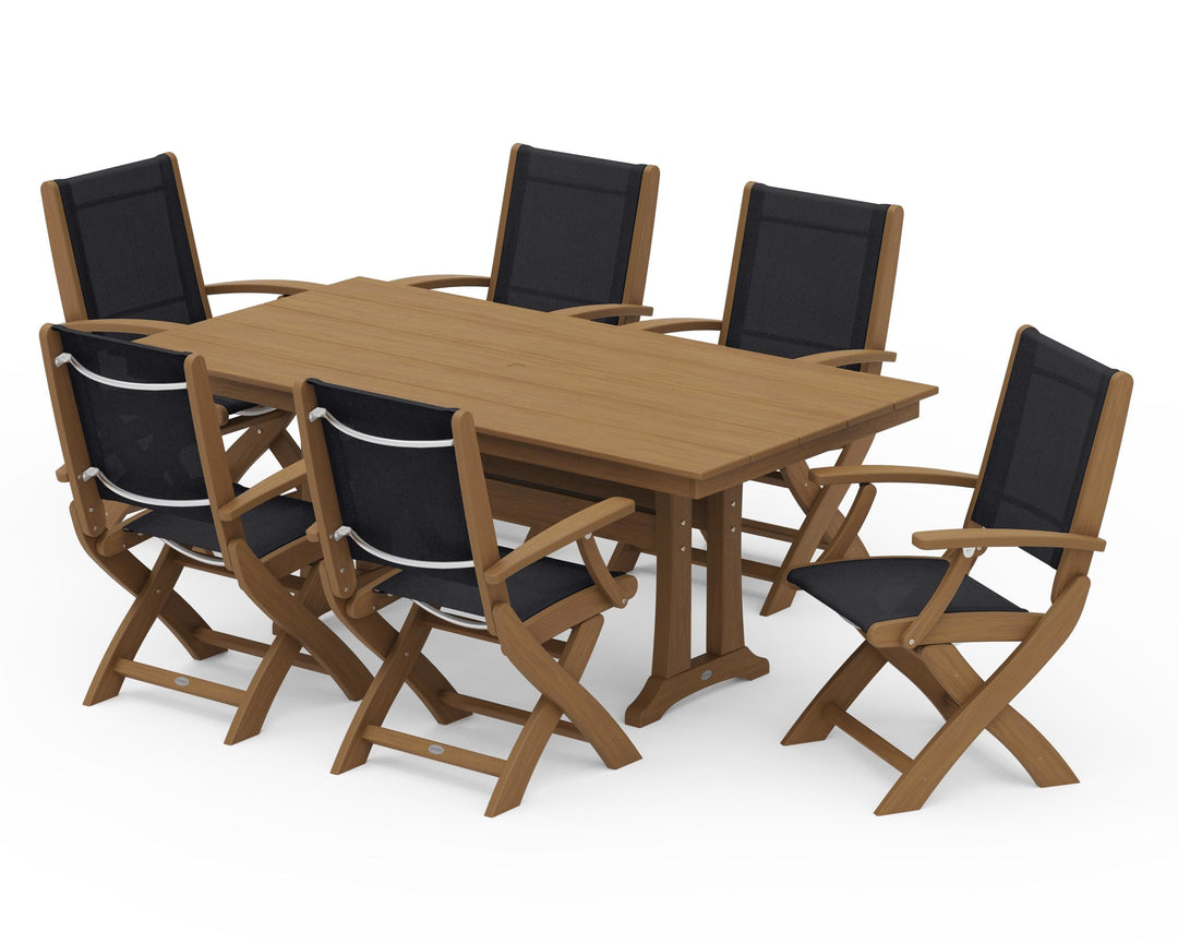 POLYWOOD® Coastal Folding Arm Chair 7-Piece Farmhouse Dining Set with Trestle Legs
