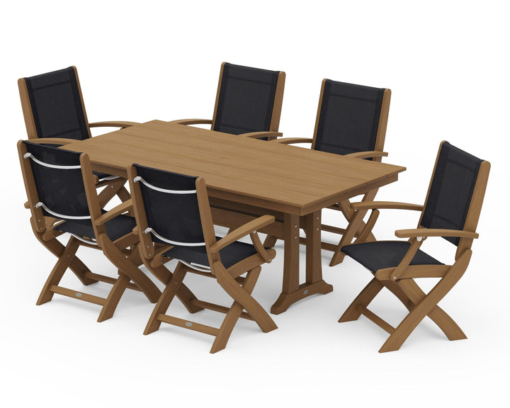 POLYWOOD® Coastal Folding Arm Chair 7-Piece Farmhouse Dining Set with Trestle Legs