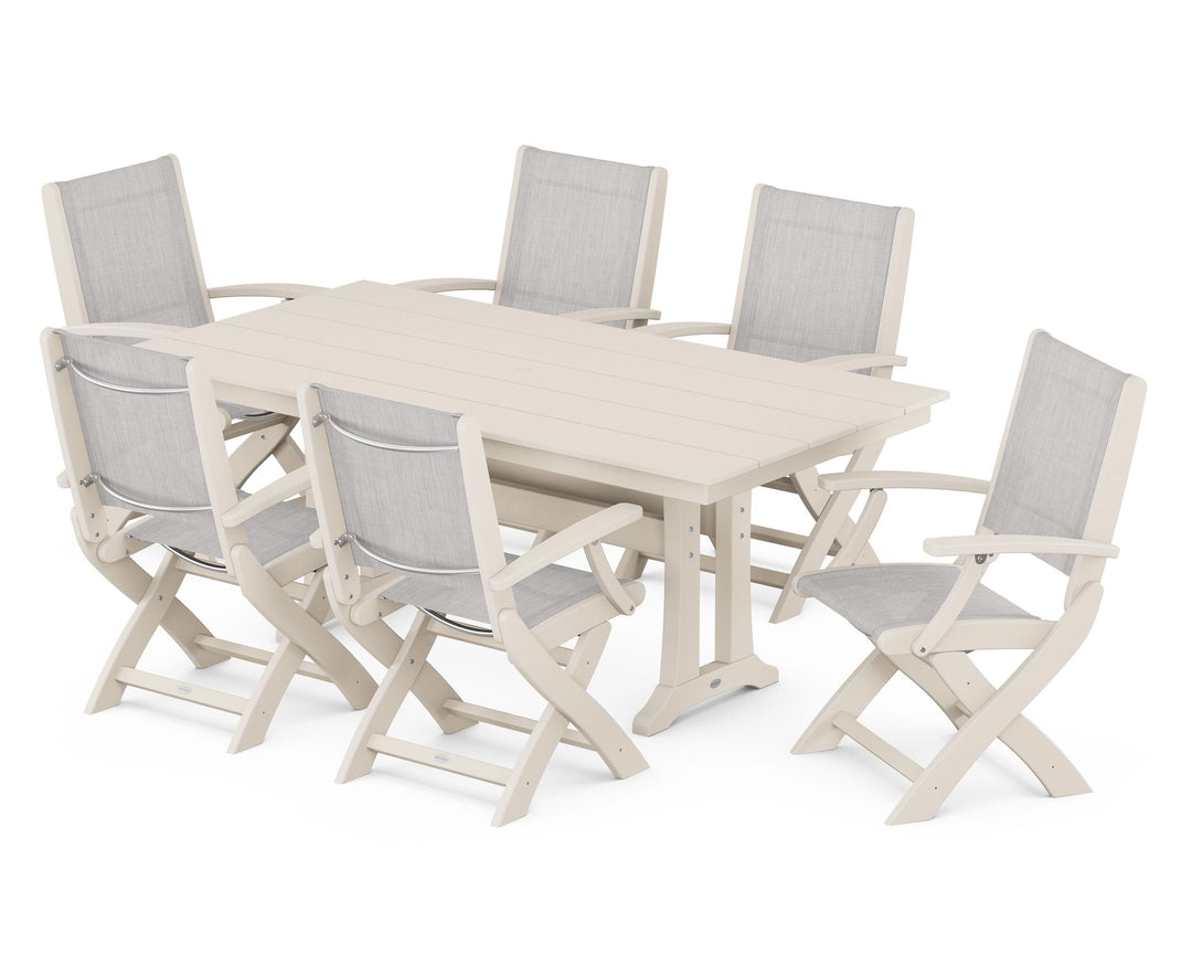 POLYWOOD® Coastal Folding Arm Chair 7-Piece Farmhouse Dining Set with Trestle Legs