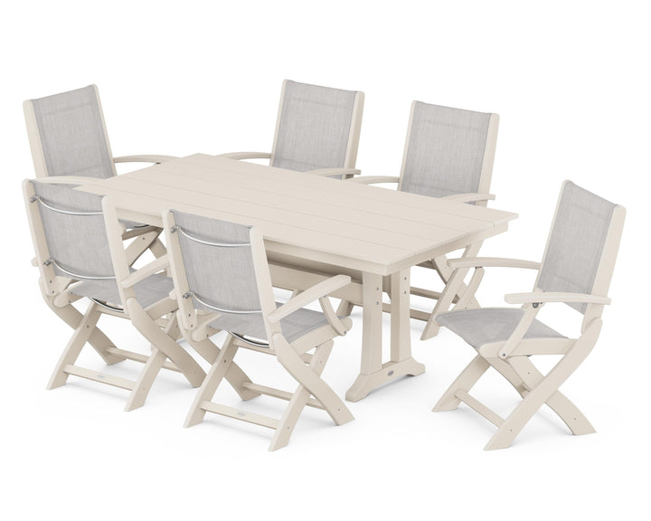 POLYWOOD® Coastal Folding Arm Chair 7-Piece Farmhouse Dining Set with Trestle Legs