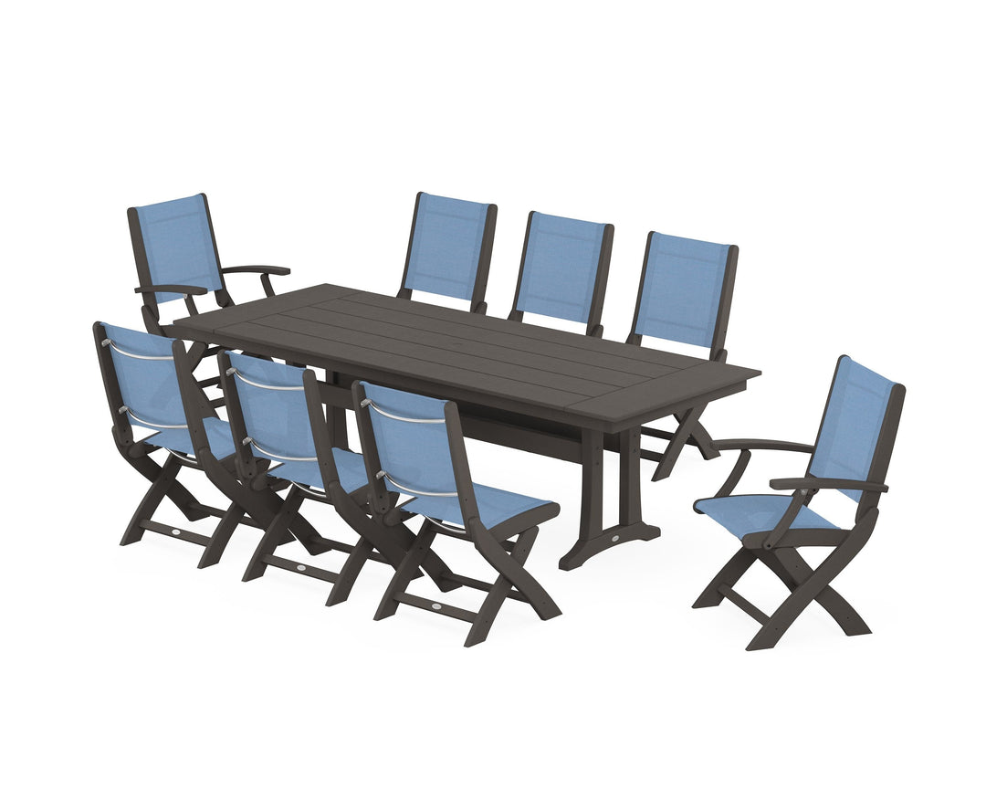 POLYWOOD® Coastal 9-Piece Folding Dining Chair Farmhouse Dining Set with Trestle Legs